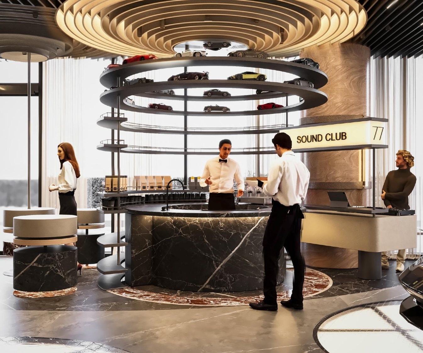 The circular central bar beneath the ring ceiling
