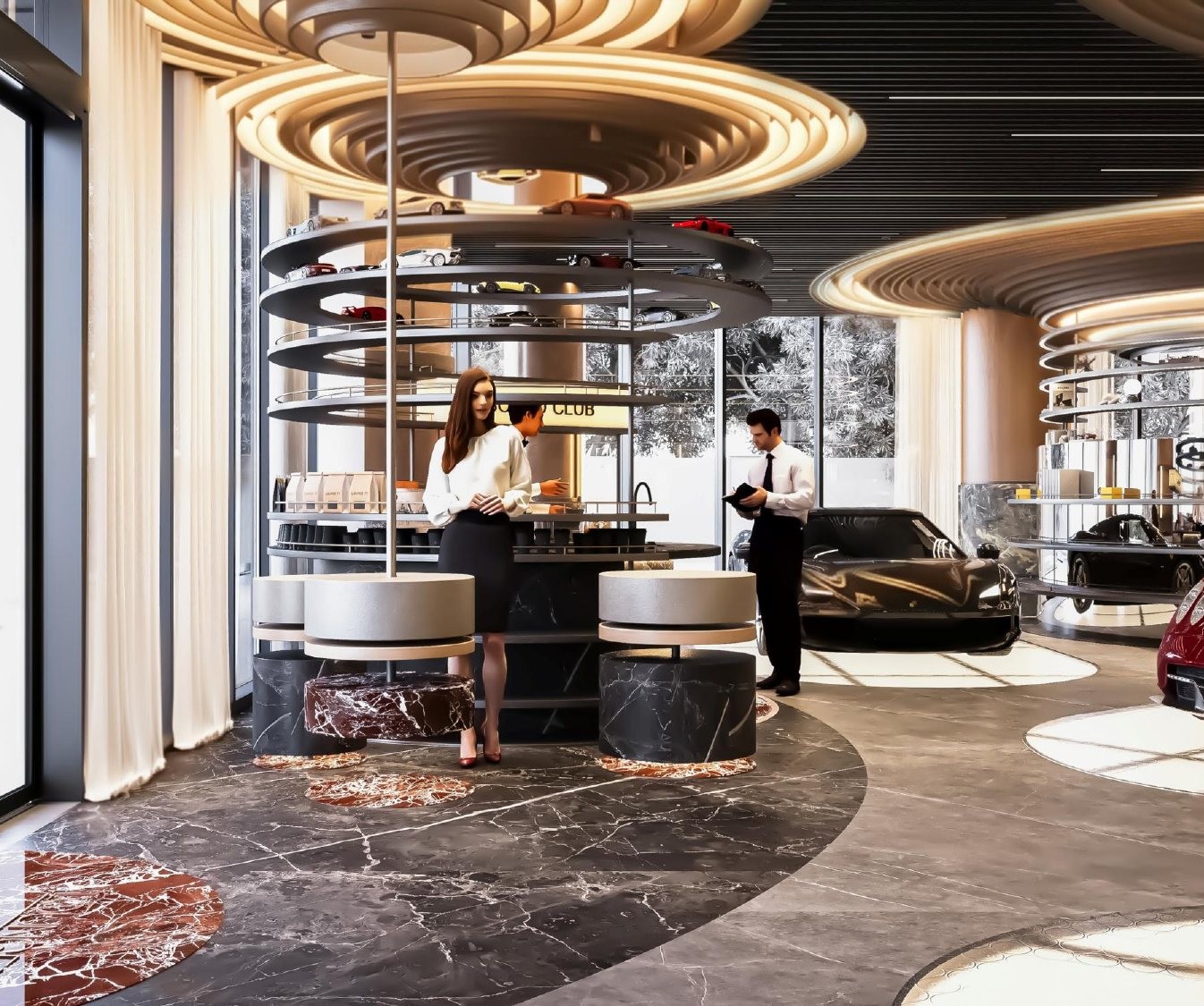 The gold ring ceiling of the atrium