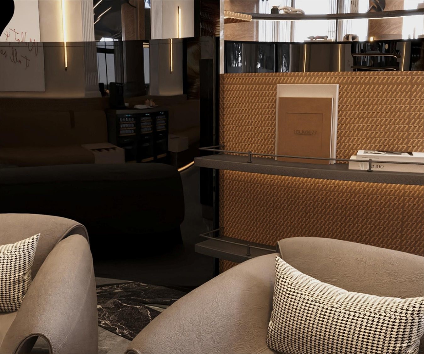Lounge Five · Seventy-Seven — The signature room. Car display at your door.